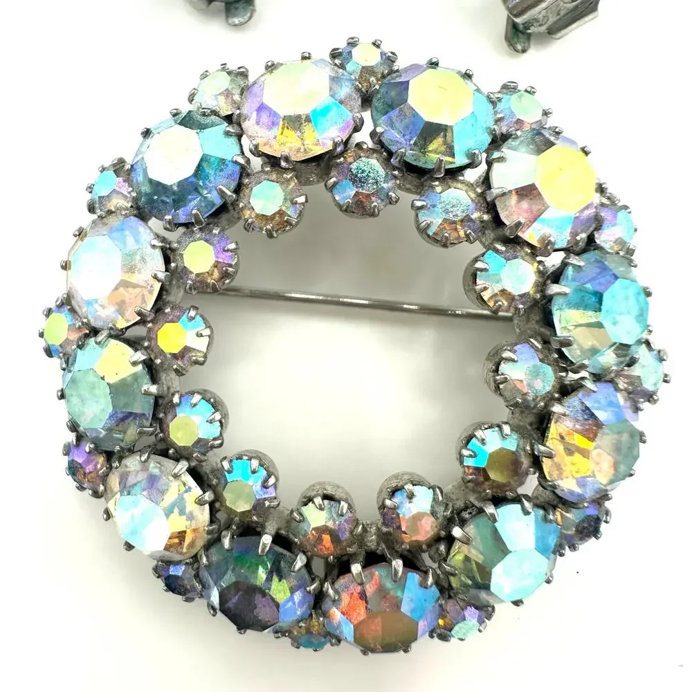 Vintage silver tone clear blue AB rhinestones wreath brooch clip on earrings